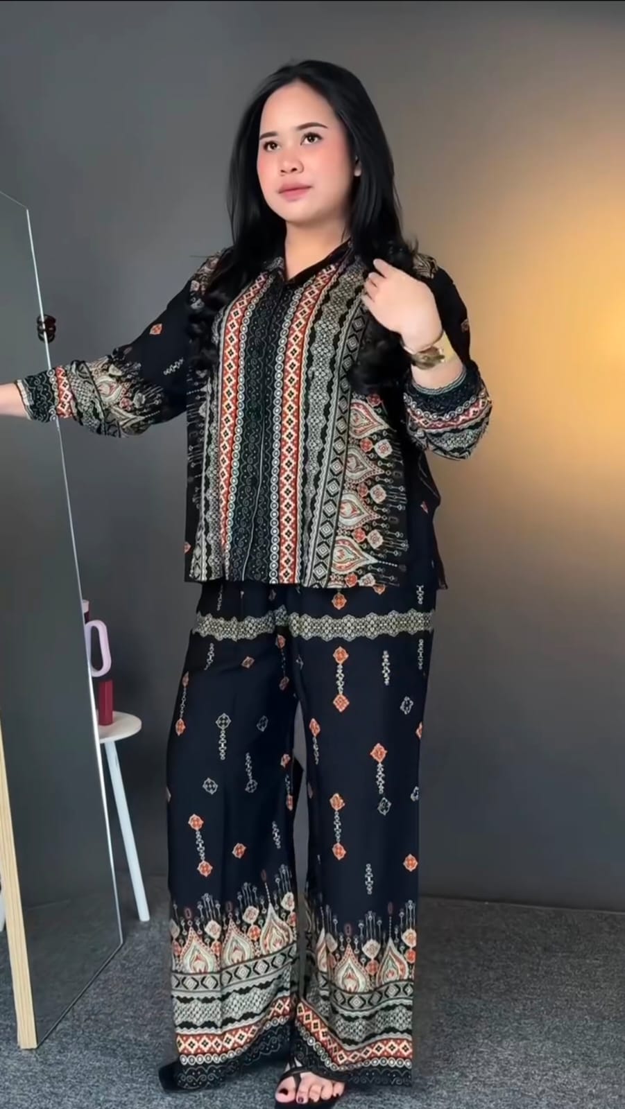 Black Ethnic Print Co-ord Set in Pure Viscose Rayon | Boho Lounge Wear