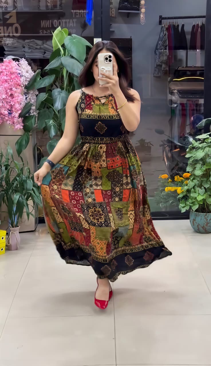 Pure Viscose Boho Print Maxi Dress for Women | Sleeveless Flared  Dress