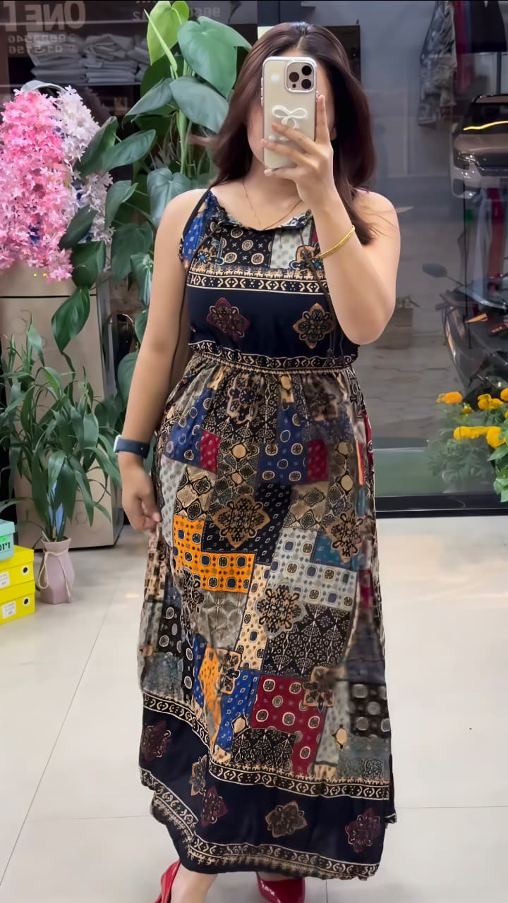 Pure Viscose Boho Print Maxi Dress for Women | Sleeveless Flared  Dress Black