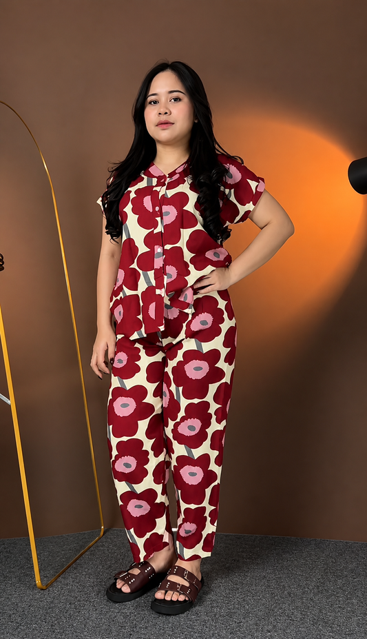 Premium Red Printed Rayon Co-Ord Set