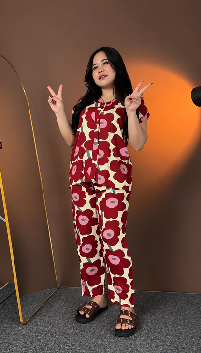 Premium Red Printed Rayon Co-Ord Set