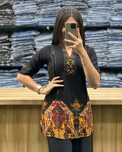 Printed Asymmetric Black Rayon Co-Ord Set