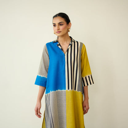 Retro Slub Cotton Statement Kurta - Electric Blue & Ochre Yellow