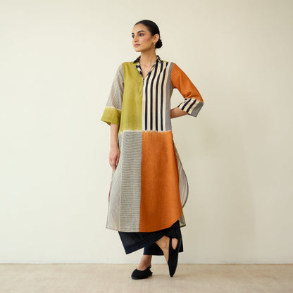 Retro Slub Cotton Statement Kurta - Tangerine & Heena