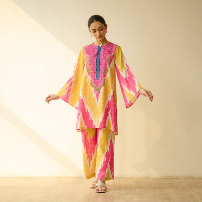 Malti Slub Cotton Coord Set - Turmeric & Candy Pink