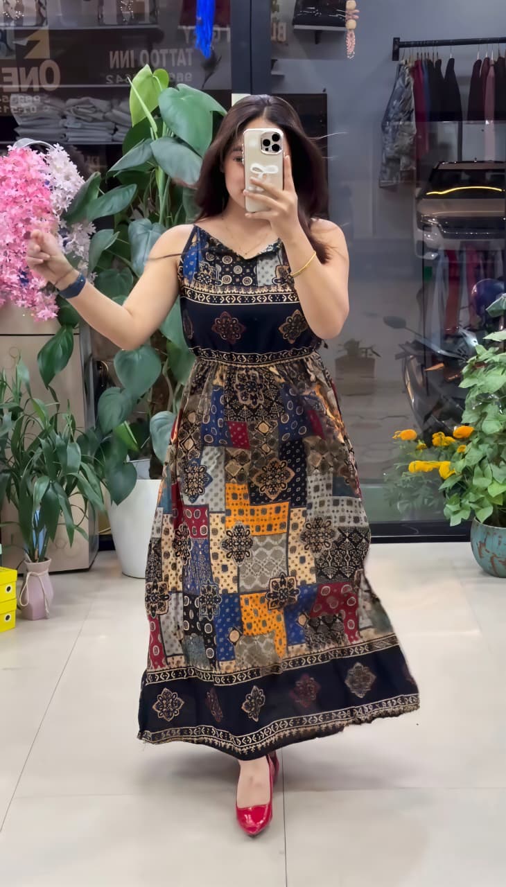 Pure Viscose Boho Print Maxi Dress for Women | Sleeveless Flared  Dress Black