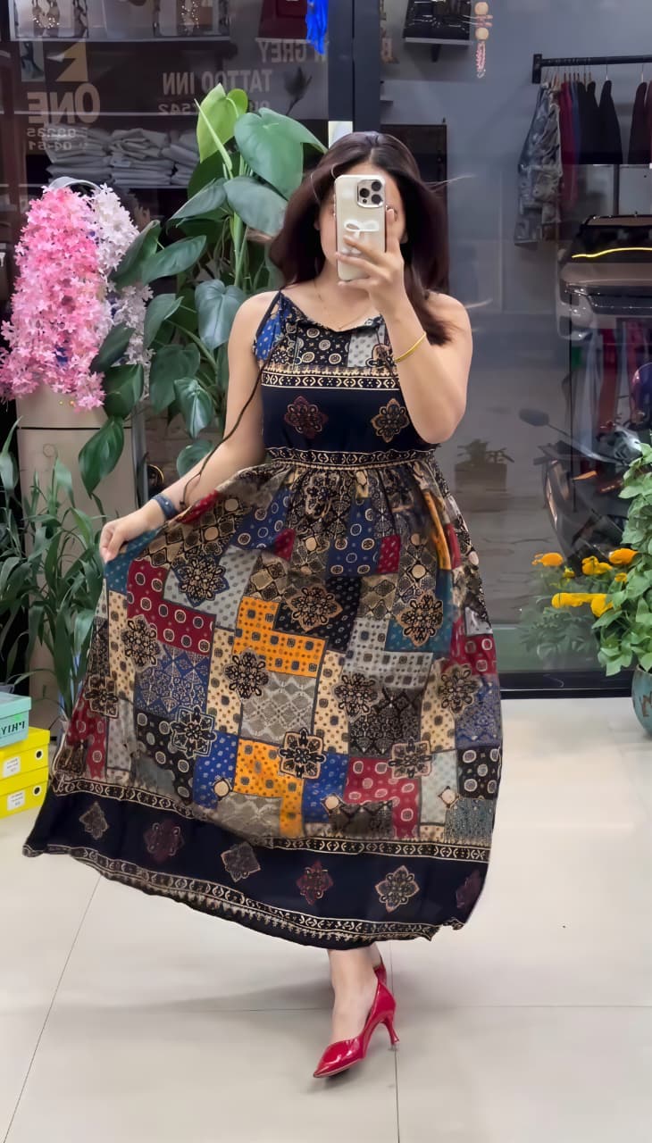 Pure Viscose Boho Print Maxi Dress for Women | Sleeveless Flared  Dress Black