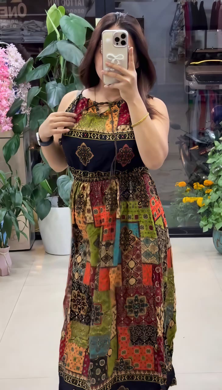 Pure Viscose Boho Print Maxi Dress for Women | Sleeveless Flared  Dress