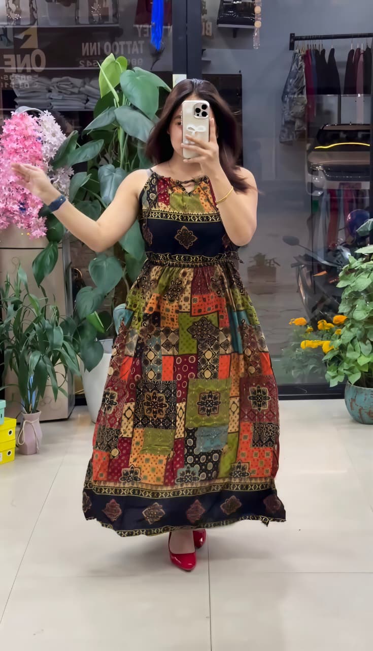 Pure Viscose Boho Print Maxi Dress for Women | Sleeveless Flared  Dress