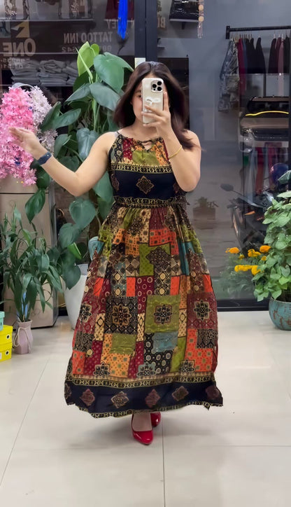 Pure Viscose Boho Print Maxi Dress for Women | Sleeveless Flared  Dress