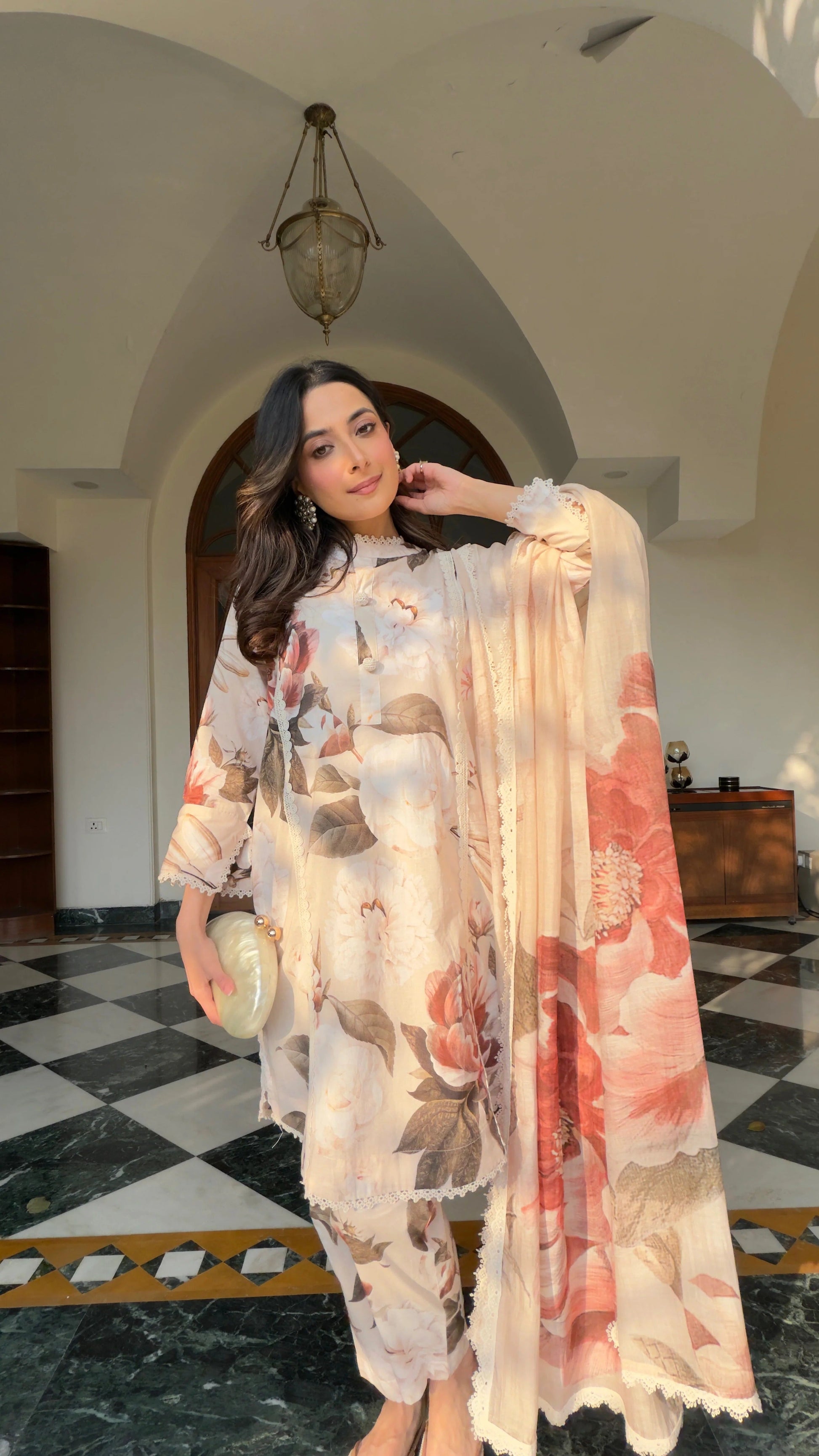 Luxury Pastel Floral Kurti Set with Dupatta