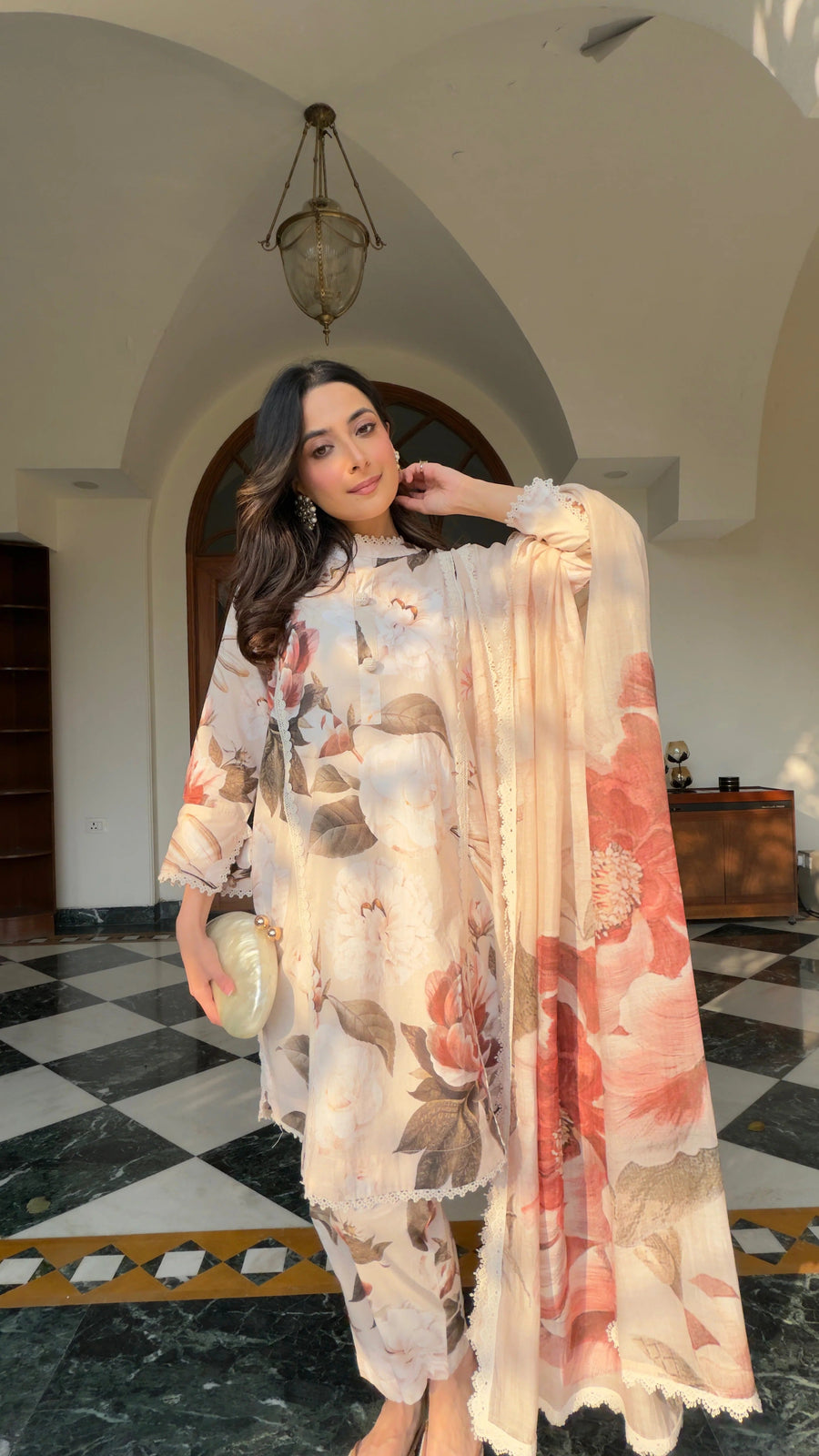 Luxury Pastel Floral Kurti Set with Dupatta