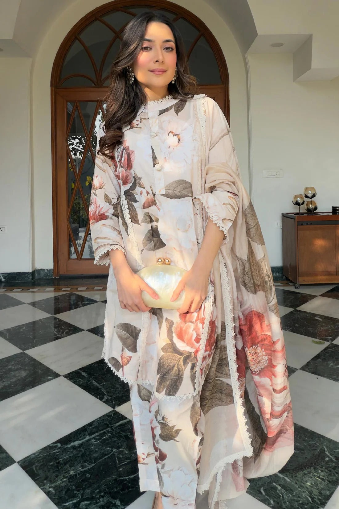 Luxury Pastel Floral Kurti Set with Dupatta