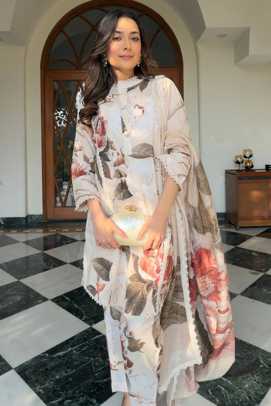 Luxury Pastel Floral Kurti Set with Dupatta
