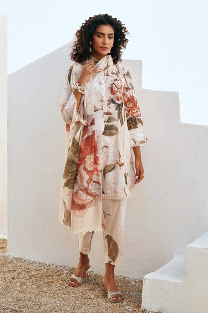 Luxury Pastel Floral Kurti Set with Dupatta