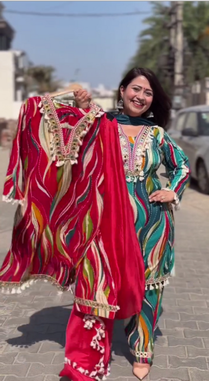 Woman holding a colorful traditional outfit with a street background